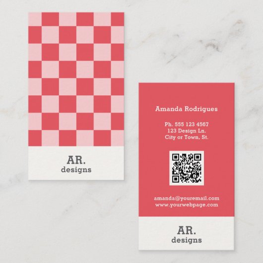 Stijlvolle roze geruite QR Visitekaartje (Voorkant / Achterkant)