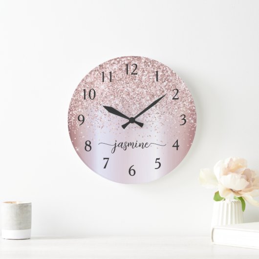 Stijlvolle Roze Gouden Glitter Initialen Naam Hand Grote Klok (Huis)