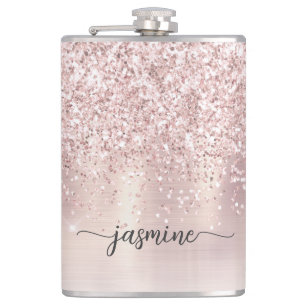 Stijlvolle Roze Gouden Glitter Monogram Naam Handt Heupfles