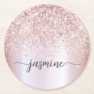 Stijlvolle Roze Gouden Glitter Monogram Naam Handt Ronde Kartonnen Onderzetter