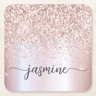 Stijlvolle Roze Gouden Glitter Monogram Naam Handt Vierkante Kartonnen Onderzetter