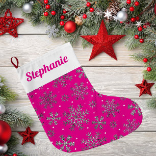 Stijlvolle Roze Kerst met Elegante Sneeuwvlokken Grote Kerstsok