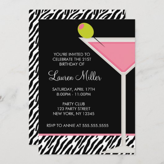 Stijlvolle Roze Martini Glas Verjaardagsfeestje Kaart (Voorkant / Achterkant)