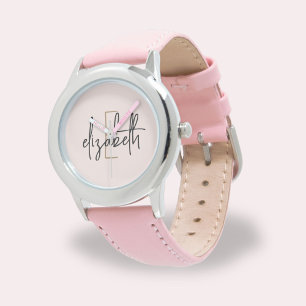 Stijlvolle Roze Modern Script Meisjes Monogram Naa Horloge
