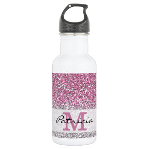 Stijlvolle roze ombre Glitter Monogram Naam Waterfles