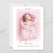 Stijlvolle roze script foto geboorte aankondiging (Voorkant)