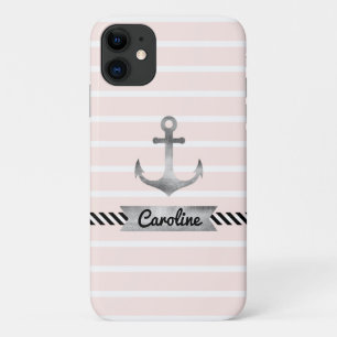 Stijlvolle roze stripes Waterverf Anchor Custom iPhone 11 Hoesje