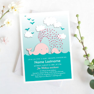 Stijlvolle Roze Walvissen Harten Mint Baby shower Kaart