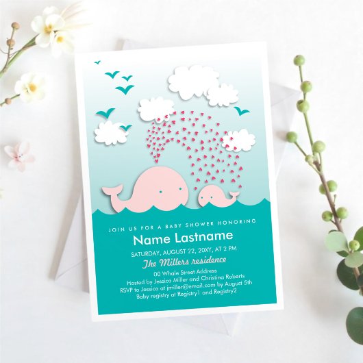 Stijlvolle Roze Walvissen Harten Mint Baby shower Kaart