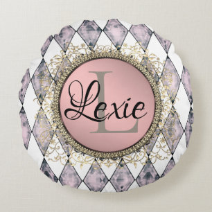 Stijlvolle roze zwarte Harlequin Monogram Rond Kussen