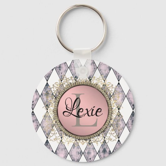Stijlvolle roze zwarte Harlequin Monogram Sleutelhanger (Voorkant)