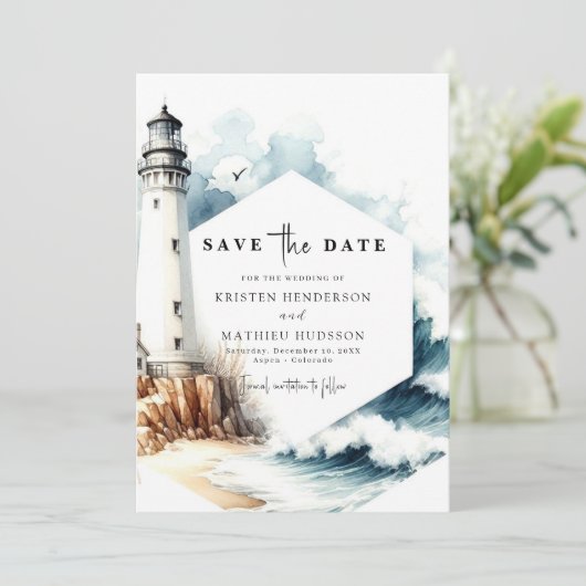 Stijlvolle rustieke Romance vuurtoren bruiloft Save The Date (Staand voorkant)