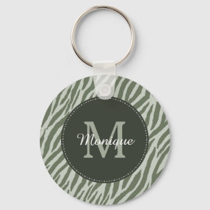 Stijlvolle Sage Green Zebra Print Monogram en naam Sleutelhanger