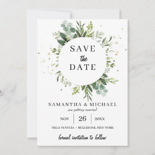 Stijlvolle sappige groen bruiloft bespaar de datum save the date