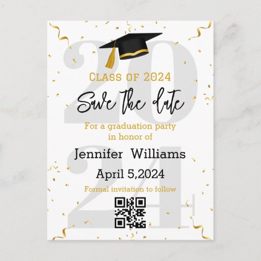 Stijlvolle Save the Date QR Code afstuderen 2025 Aankondigingskaart (Voorkant)