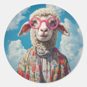 Stijlvolle Schaap Roze Brillen Bloemen Kleding Bla Ronde Sticker