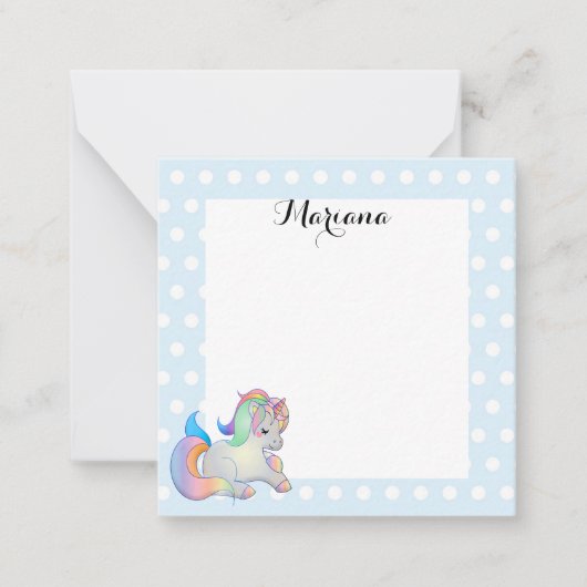 Stijlvolle schattige kleurrijke eenhoorn blauw wit notitiekaartje (Voorkant)