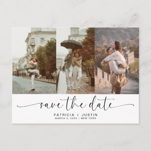 Stijlvolle Script Foto Collage Trouw Save the Date Aankondigingskaart (Voorkant)