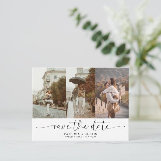 Stijlvolle Script Photo Collage Wedding Sla de dat Aankondigingskaart (Staand voorkant)