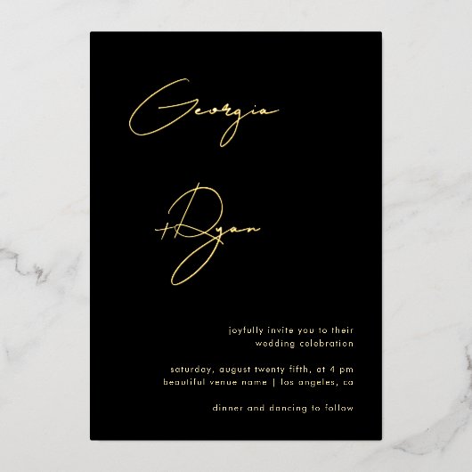 Stijlvolle scriptnamen Minimalistische zwarte brui Folie Uitnodiging (Voorkant)