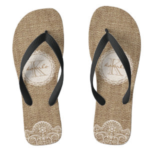 Stijlvolle Shabby Rustic Burlap Lace Wedding Monog Teenslippers