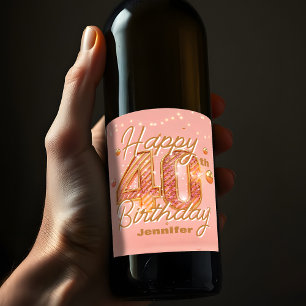 Stijlvolle Sparkling Soft Pink & Gold 40e Verjaard Wijn Etiket