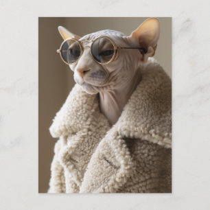 Stijlvolle Sphynx Cat in zonnebril en Sherpa Coat Briefkaart