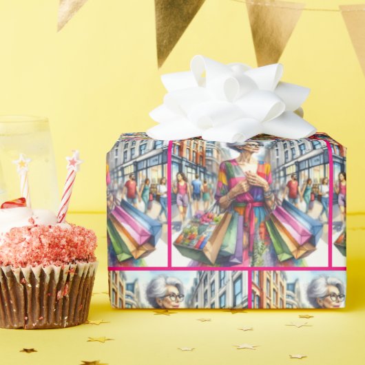 Stijlvolle stad Vrouw Shopper Cadeaupapier (Verjaardagsfeest)