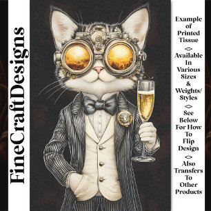 Stijlvolle Steampunk Kat + Champagne AG9 Découpage Tissuepapier