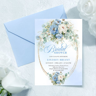 Stijlvolle Stofblauwe Bloemen Groene Bruiloftsdouc Kaart