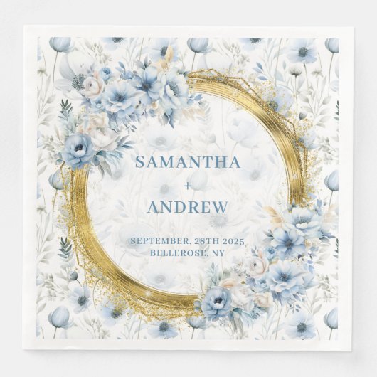 Stijlvolle stoffige blauw gouden bruiloft servett servet (Voorkant)