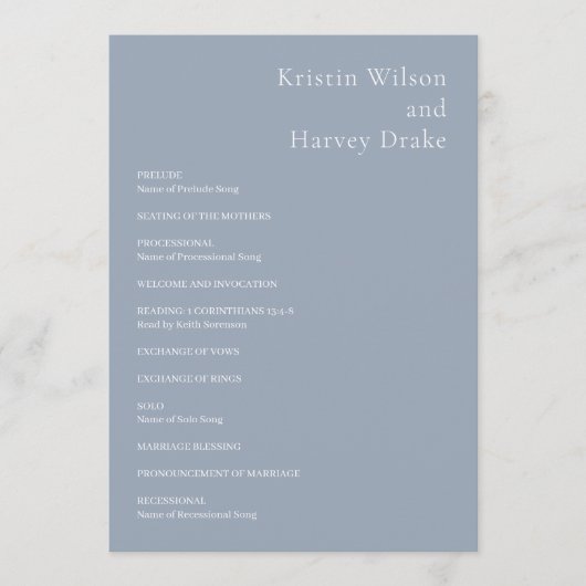 Stijlvolle stoffige blauwe moderne bruiloft programma (Voorkant)