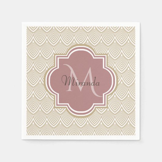 Stijlvolle Tan Arched Scallops Mauve Monogram Naam Servetten (Voorkant)