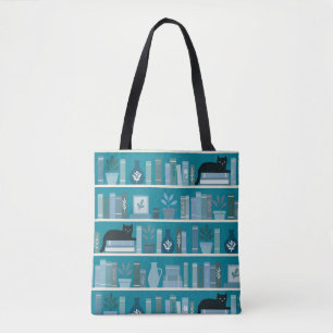 Stijlvolle Teal Blauwe Folk Art Boeken & Kattenlie Draagtas