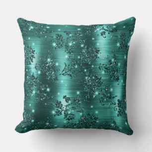 Stijlvolle Teal Glitter en Folie Bloem Kussen