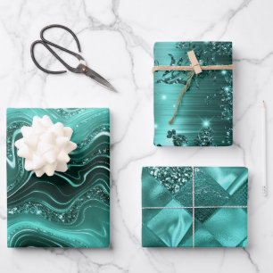 Stijlvolle Teal Glitter Marmer, diamanten en bloem Inpakpapier Vel