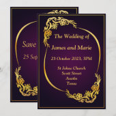 Stijlvolle trouwkaart, goud, paars kaart (Voorkant / Achterkant)