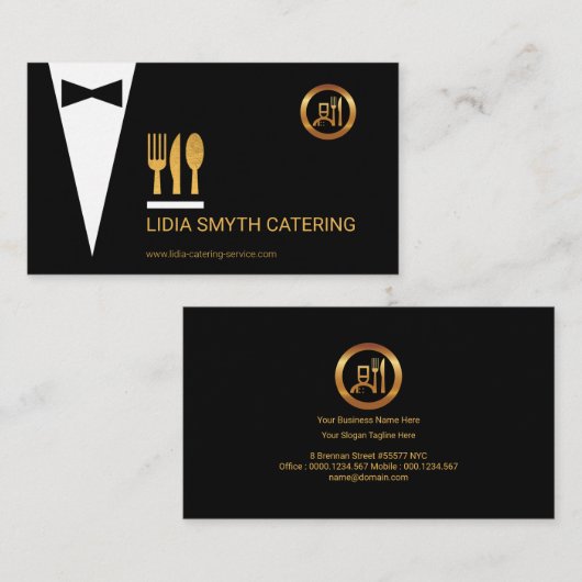Stijlvolle Tux Gold Fork Knife Spoon Catering Serv Visitekaartje (Voorkant / Achterkant)