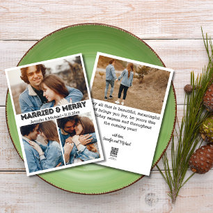 Stijlvolle typografie Married&Merry 4 foto's colla Feestdagenkaart
