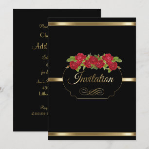Stijlvolle uitnodiging voor Black & Gold & Red Ros
