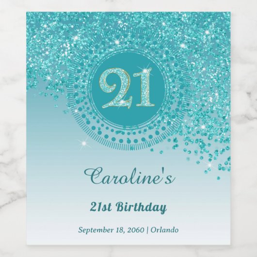 Stijlvolle Vallende Blauwgroen Blauwe Glitter 21st Wijn Etiket (Enkel label)