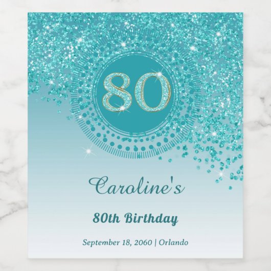 Stijlvolle Vallende Blauwgroen Blauwe Glitter 80st Wijn Etiket (Enkel label)