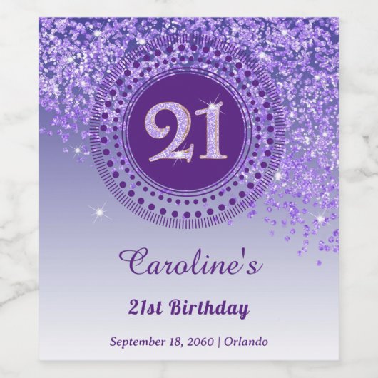 Stijlvolle vallende Paarse glitter 21e verjaardag Wijn Etiket (Enkel label)