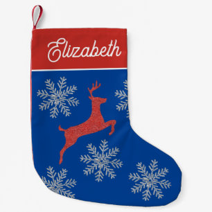 Stijlvolle vintage blauwe rode zilveren sneeuwvlok kleine kerstsok