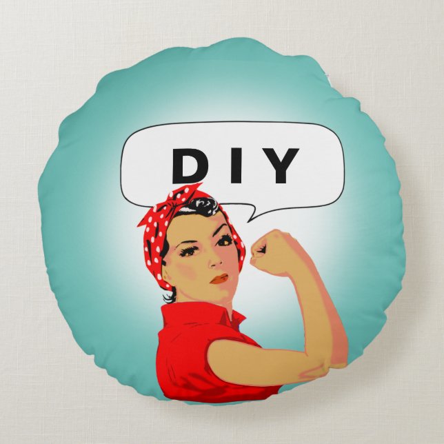 Stijlvolle  Voman & DIY-tekst op Blauwgroen Rond Kussen (Achterkant)