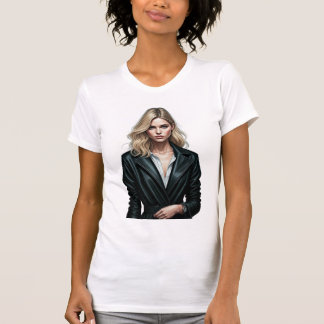 Stijlvolle vrouw in zwart lederen jas – Mode Digi T-shirt