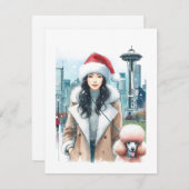 Stijlvolle vrouw loopt met Poodle in Seattle met K Feestdagenkaart (Voorkant / Achterkant)