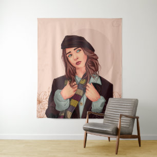 Stijlvolle vrouw met baret, kleurrijke sjaal illus wandkleed