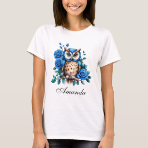 Stijlvolle Waterverf Blauwe Uil en Rozen T-shirt
