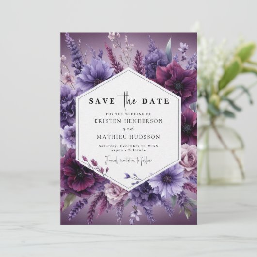 Stijlvolle Waterverf Paarse Bloemen bruiloft Save The Date (Staand voorkant)